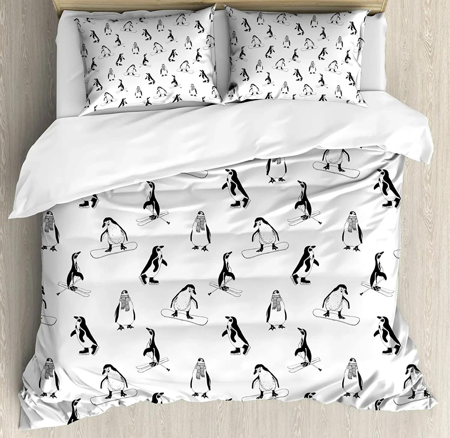 Kids Bedding Set For Bedroom Bed Home Skiing Penguins on Snowboards Winter Sports Themed P Duvet Cover Quilt Cover P